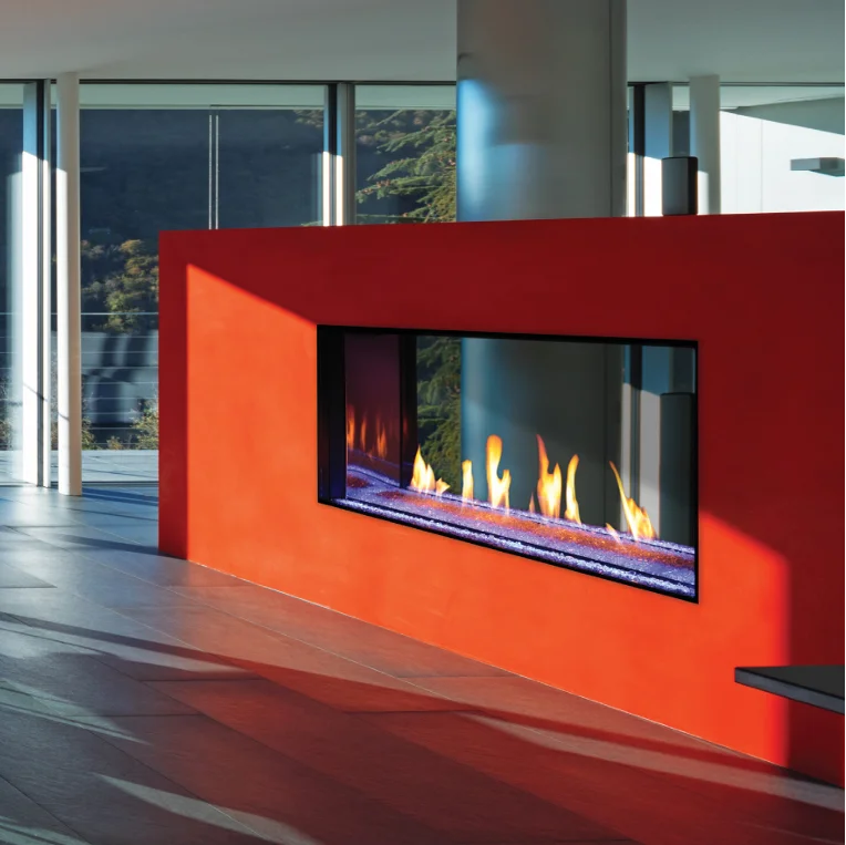 Plaza Luxury 55" InvisiMesh Double-Sided Gas Fireplace: Elegant double-sided design creates ambiance in two rooms simultaneously, featuring edge-to-edge viewing area and virtually invisible InvisiMesh barrier.