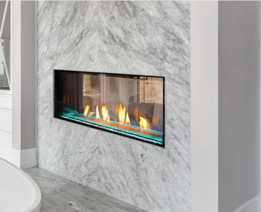 Plaza Luxury 55" InvisiMesh Double-Sided Gas Fireplace: Expansive see-through design creates dramatic ambiance in two adjacent rooms with nearly invisible protective screen and customizable LED under-lighting.