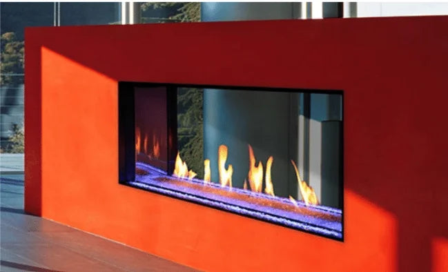 Plaza Luxury 55" Glass Barrier Double-Sided Linear Fireplace features double-sided linear design with frameless glass barrier for modern edge-to-edge viewing, programmable LED under-lighting, and exclusive burner design producing taller, deeper flames.