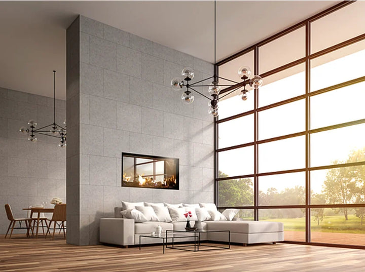 Plaza Luxury 75" Glass Barrier Double-Sided Linear Gas Fireplace features a frameless edge-to-edge glass viewing area with vibrant flames visible from both sides.
