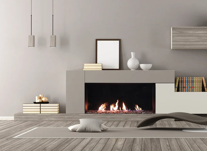 Plaza Luxury 55" Glass Barrier Single-Sided Linear Fireplace features a frameless glass barrier design, providing an uninterrupted view of the expansive edge-to-edge flame presentation, controlled by a sleek multi-function remote.