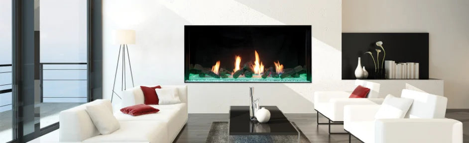 Plaza Luxury 55" Glass Barrier Single-Sided Linear Fireplace, sleek frameless glass barrier design for uninterrupted viewing experience, featuring adjustable flame height and programmable LED under-lighting controlled by multi-function remote.