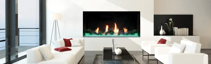 Plaza Luxury 55" Glass Barrier Single-Sided Linear Fireplace, sleek frameless glass barrier design for uninterrupted viewing experience, featuring adjustable flame height and programmable LED under-lighting controlled by multi-function remote.