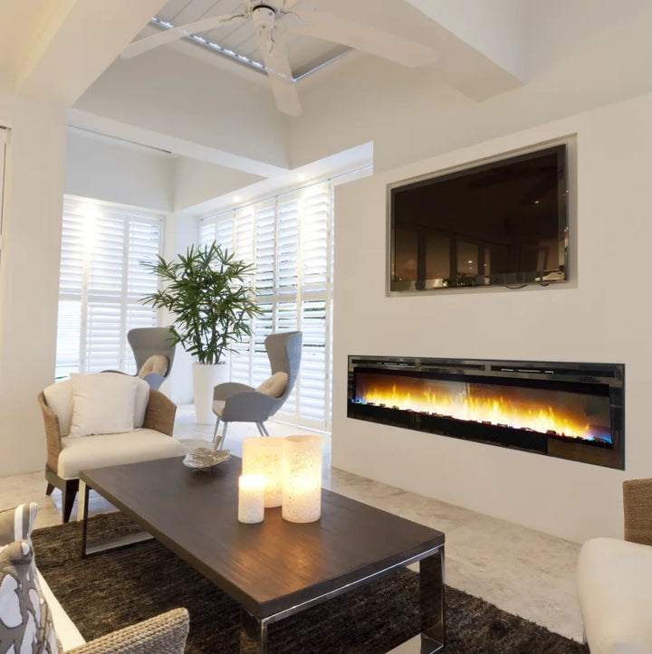 Nexfire Linear 74" Electric Fireplace features a modern design with expansive flame display, full-spectrum RGB LED lighting, and customizable color options for realistic ambiance in large living spaces or commercial settings.