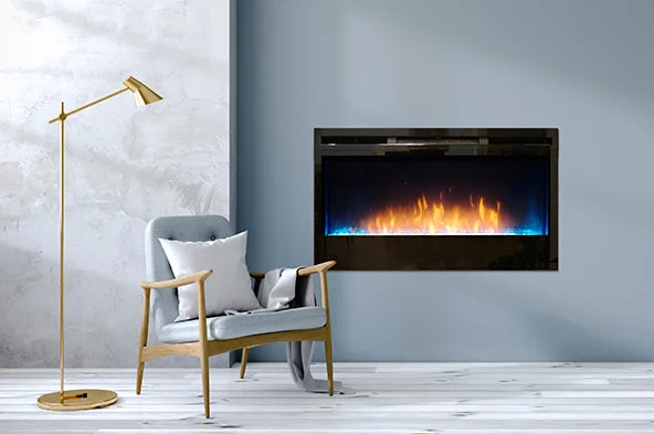 Nexfire Linear 34" Electric Fireplace with Full-Spectrum RGB LED Lighting and Realistic Dancing Flames creates a warm ambiance in any room with compact design for smaller spaces or accent walls.