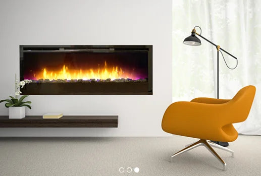 Nexfire Linear 74" Electric Fireplace features expansive 74-inch wide linear design with full-spectrum RGB LED lighting for customizable flame color options and realistic dancing flame effect, perfect for large living rooms or commercial spaces.