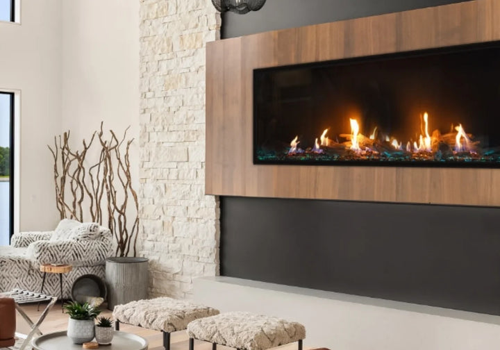 Plaza Luxury 75" Glass Barrier Single-Sided Linear Gas Fireplace features frameless glass barrier design with edge-to-edge viewing area, expansive 73.5" x 24" ceramic glass panel and power vent technology for flexible installations.