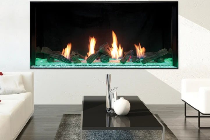 Plaza Luxury 75' Glass Barrier Single-Sided Linear Gas Fireplace: A sleek, modern fireplace featuring edge-to-edge glass barrier design, expansive 73.5' viewing area, and programmable LED under-lighting for customizable ambiance.