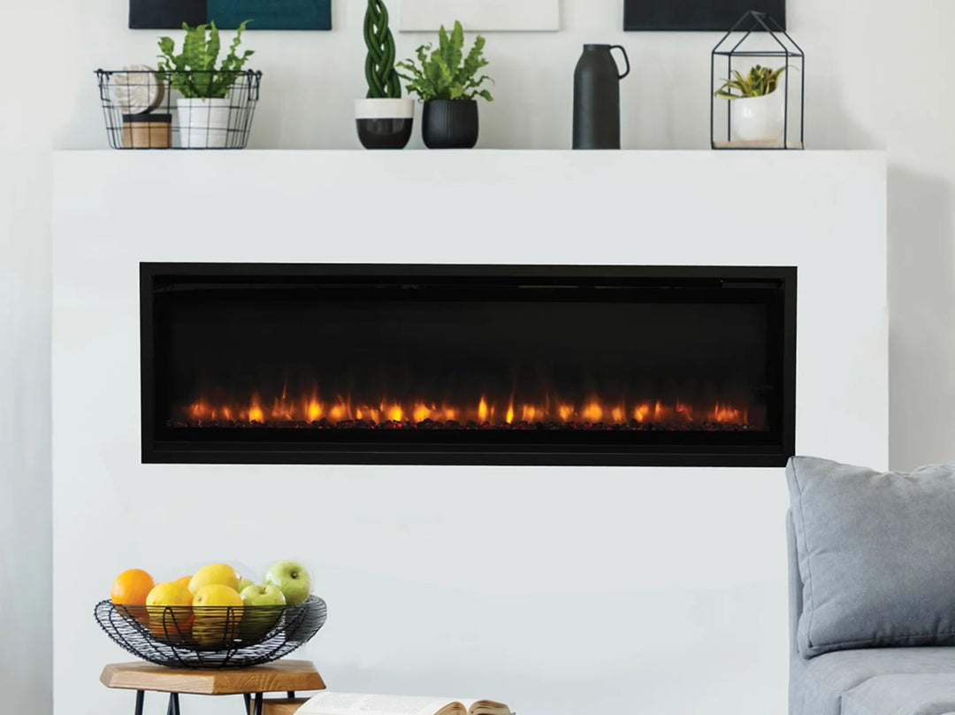 Superior ERL2000 Series electric fireplace features smoked crystal ember bed, vibrant yellow flames, and adjustable multi-colored lighting.