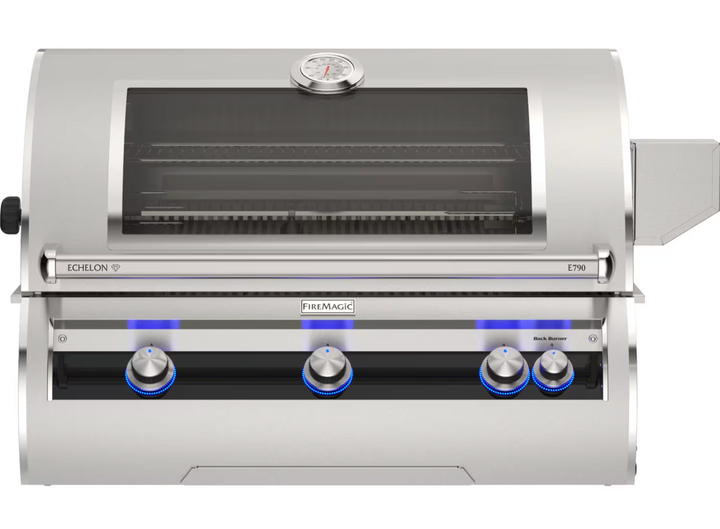 Stainless steel grill with visible brand logos on a white background