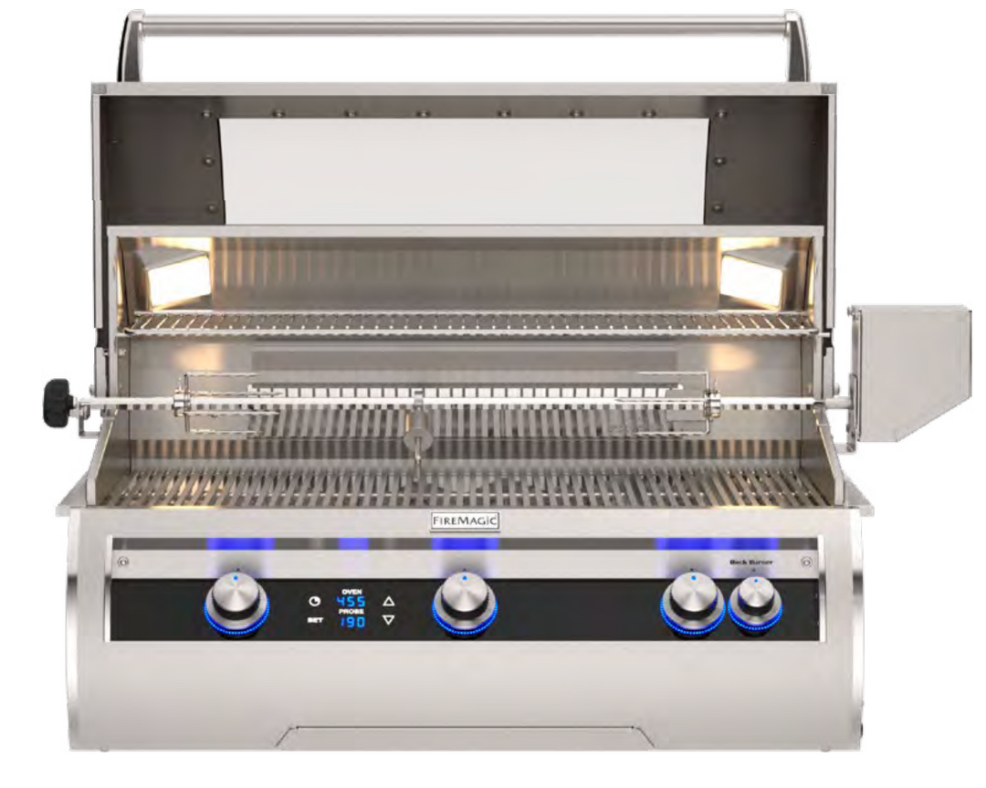 Stainless steel grill with control panel on a white background