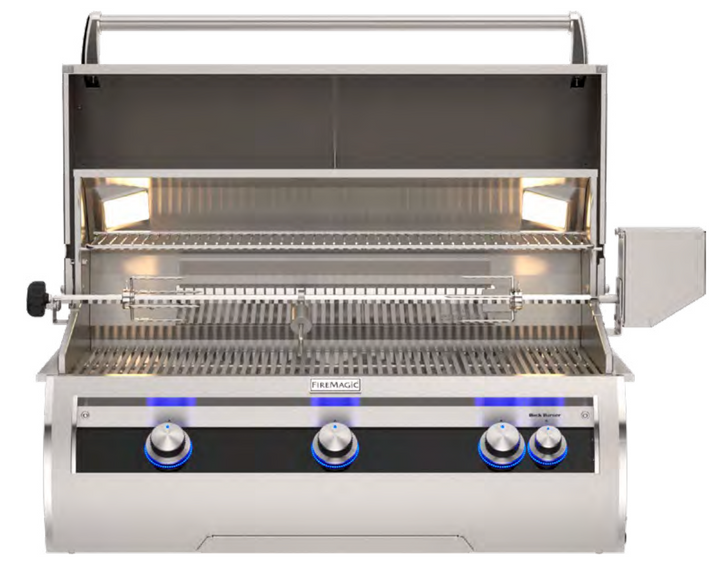 Stainless steel grill with visible brand logo on a white background