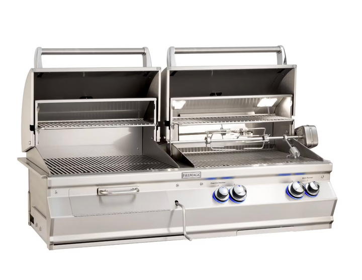 Stainless steel grill with multiple burners on a white background