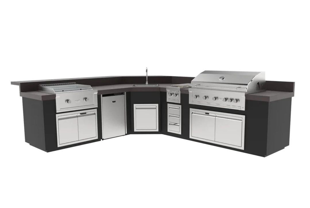 Videl USA Maestro 144" BBQ Island featuring the Gran Fuego 42 Grill, Gran Plancha 30" Griddle, and Fuego Vivo Double Side Burner, complete with a compact refrigerator, countertop sink, and expansive L-shaped layout for ultimate outdoor cooking and entertaining.