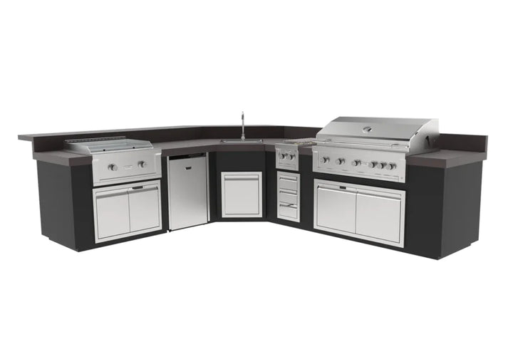 Videl USA Maestro 144" BBQ Island featuring the Gran Fuego 42 Grill, Gran Plancha 30" Griddle, and Fuego Vivo Double Side Burner, complete with a compact refrigerator, countertop sink, and expansive L-shaped layout for ultimate outdoor cooking and entertaining.
