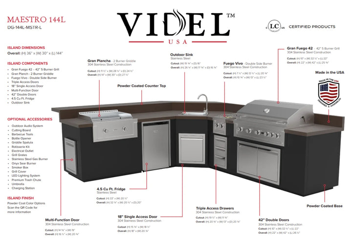 Videl USA Maestro 144L BBQ Island featuring Gran Fuego 42 Grill, Gran Plancha 30" Griddle, Fuego Vivo Double Side Burner, Countertop Sink, and Compact Refrigerator in 304 stainless steel construction.