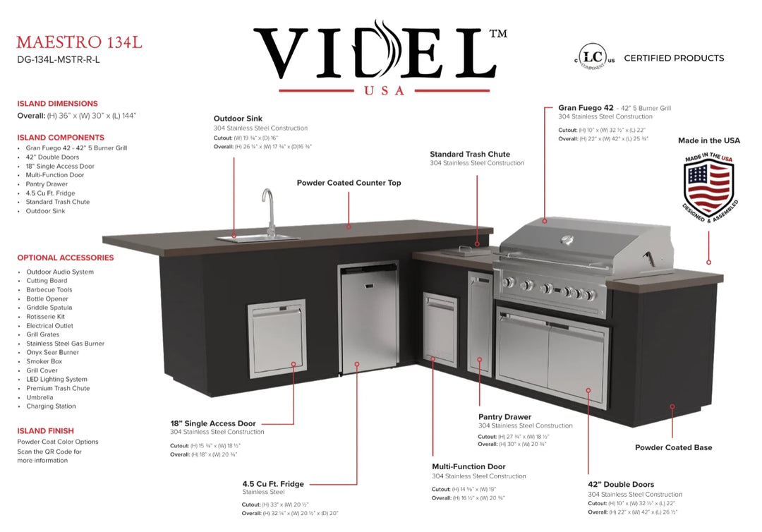 Videl outdoor kitchen island with features and specifications on a white background