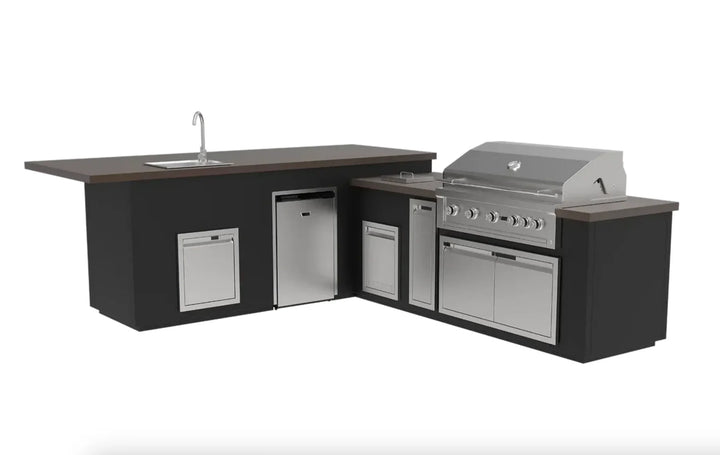 Videl USA Maestro 134" BBQ Island: Outdoor kitchen island anchored by Gran Fuego 42 Grill with infrared burner, featuring stainless steel storage, compact refrigerator, and integrated sink for ultimate entertaining experience.