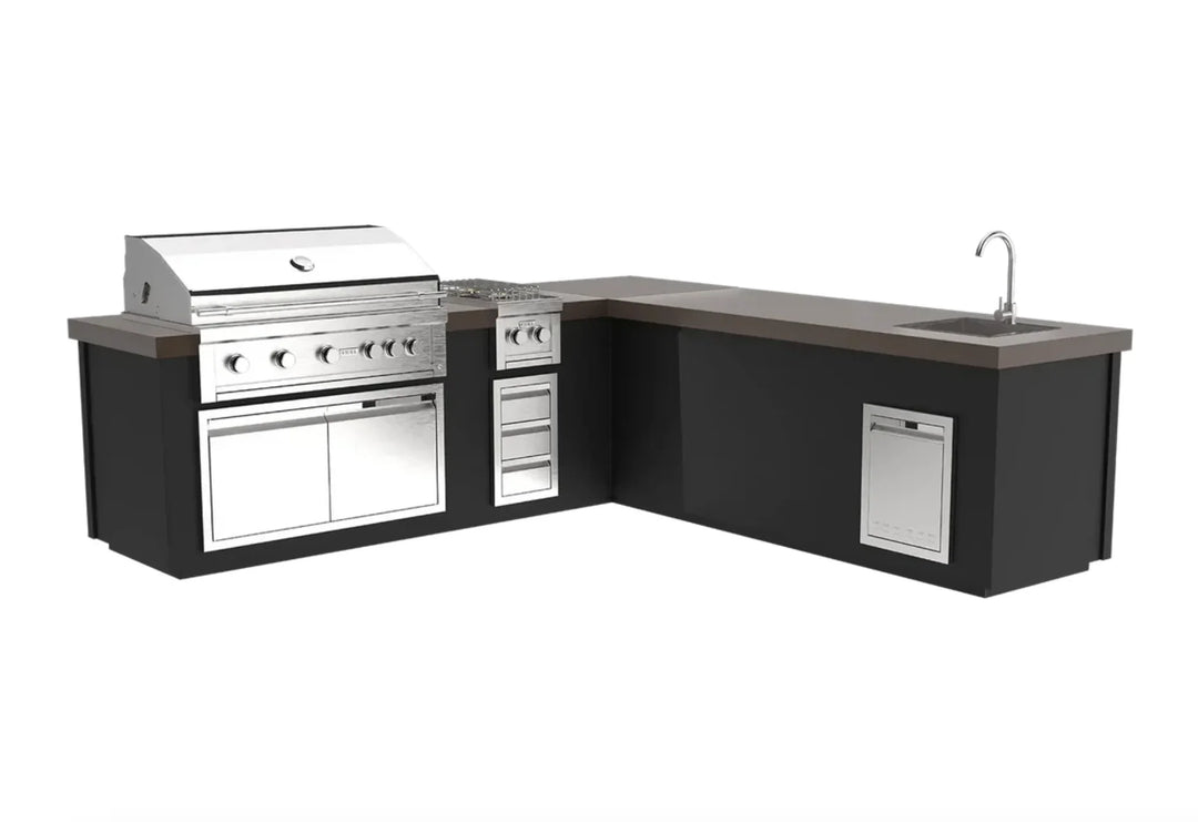 Videl USA Maestro 112" BBQ Island: high-end outdoor kitchen featuring a premium powder-coated finish, L-shaped layout, and integrated appliances including a 5-burner grill, side burner, refrigerator, and sink for ultimate backyard culinary destination.