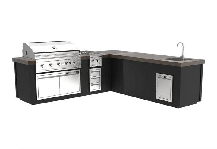 Videl USA Maestro 112" BBQ Island: high-end outdoor kitchen featuring a premium powder-coated finish, L-shaped layout, and integrated appliances including a 5-burner grill, side burner, refrigerator, and sink for ultimate backyard culinary destination.