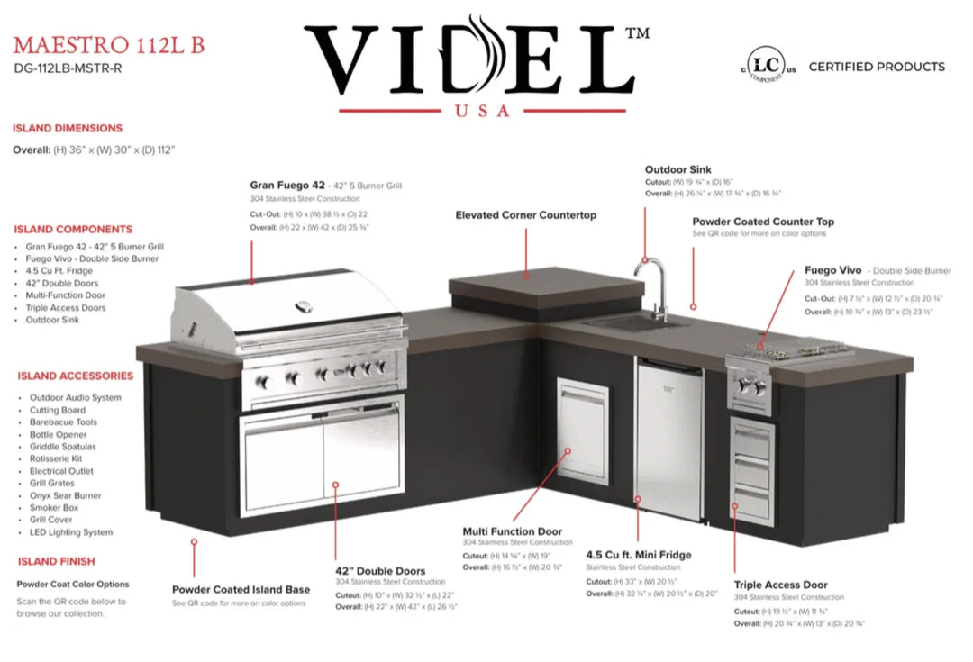 Videl USA Maestro 112' BBQ Island outdoor kitchen featuring premium powder-coated finish, L-shaped layout, Gran Fuego grill, Videl side burner, outdoor refrigerator, and integrated sink for ultimate culinary destination.