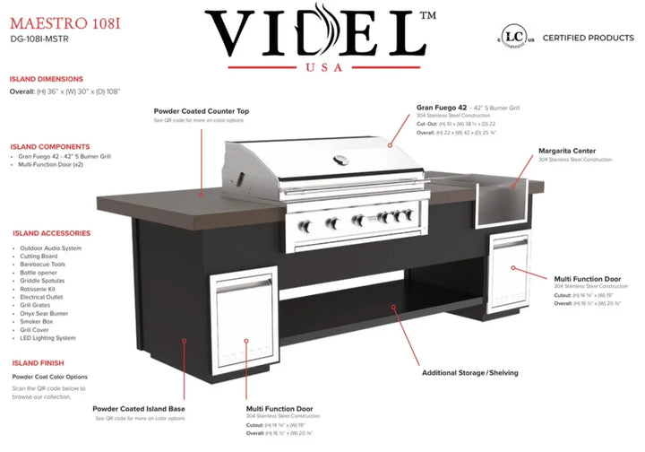 Videl USA Maestro 108" BBQ Island features premium 304 stainless steel construction, spacious prep area, integrated cocktail station, and sleek modern design perfect for luxury outdoor entertaining and grilling experiences.