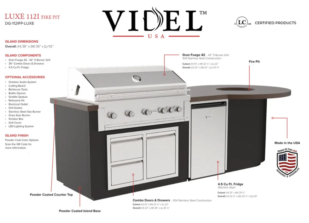 Luxe 112I Firepit & BBQ Island, featuring a sleek stainless steel design, integrated firepit, and powerful Gran Fuego 42 Grill with HeatWave Chamber, CoolTouch Knobs, and infrared burner.