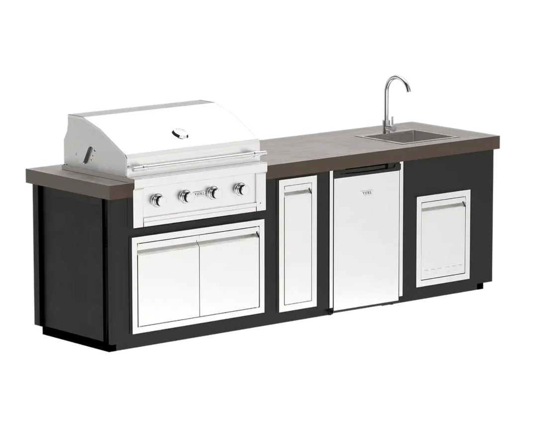 Luxe 112I Complete BBQ Island featuring Gran Fuego 36 Grill, stainless steel storage doors, pantry drawer, compact refrigerator, countertop sink, and durable 304 stainless steel construction.