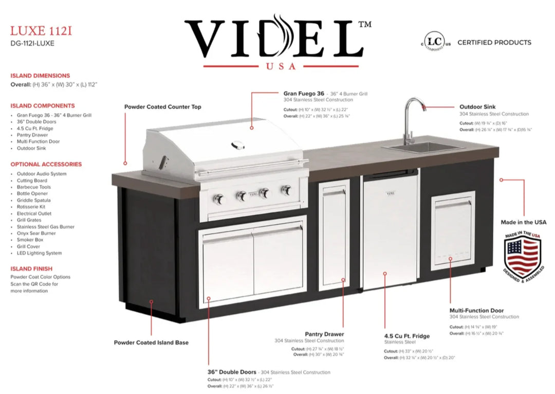 Luxe 112I Complete BBQ Island featuring Gran Fuego 36 Grill, stainless steel storage, and integrated countertop sink for efficient outdoor cooking experience