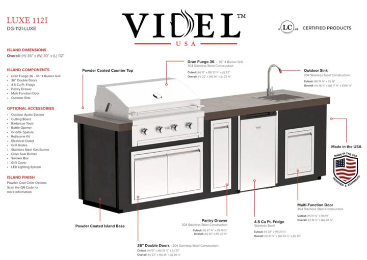 Luxe 112I Complete BBQ Island featuring Gran Fuego 36 Grill, stainless steel storage, and integrated countertop sink for efficient outdoor cooking experience