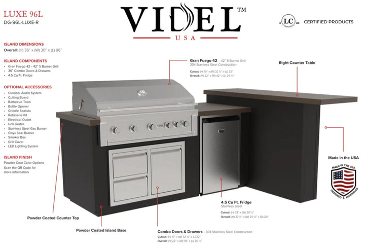 Luxe 96" Outdoor Kitchen Island featuring Gran Fuego 42 Grill with HeatWave Chamber, infrared burner, and sleek stainless steel doors for organized under-counter storage.
