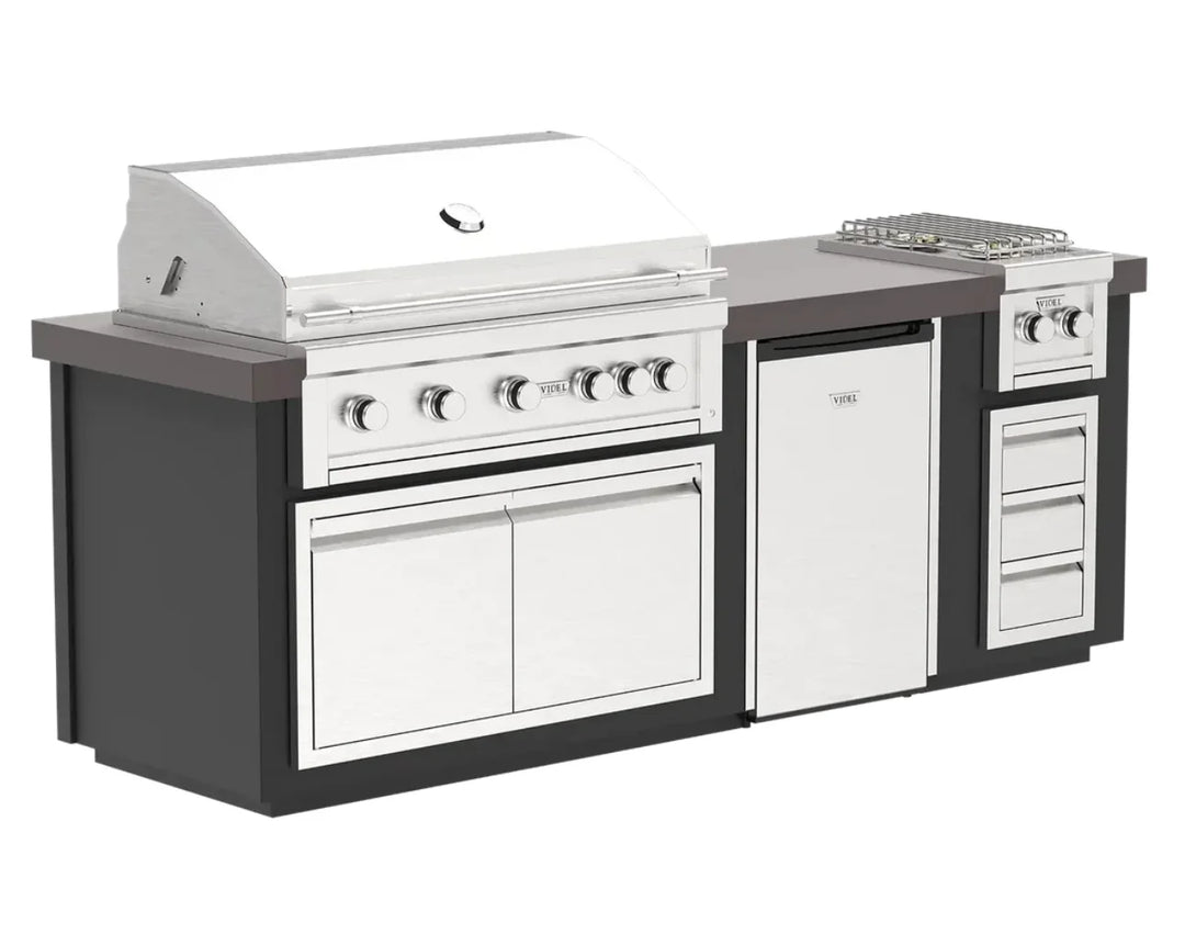 Videl USA Luxe 96" BBQ Island w/ Side Burner: outdoor kitchen island featuring premium 304 stainless steel construction, Gran Fuego 42 Grill with HeatWave Chamber and infrared burner, Fuego Vivo dual high-output side burners, spacious storage doors, compact refrigerator, and luxury design for gourmet-level cooking.