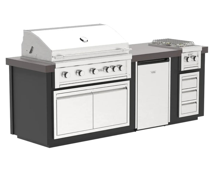 Videl USA Luxe 96" BBQ Island w/ Side Burner: outdoor kitchen island featuring premium 304 stainless steel construction, Gran Fuego 42 Grill with HeatWave Chamber and infrared burner, Fuego Vivo dual high-output side burners, spacious storage doors, compact refrigerator, and luxury design for gourmet-level cooking.