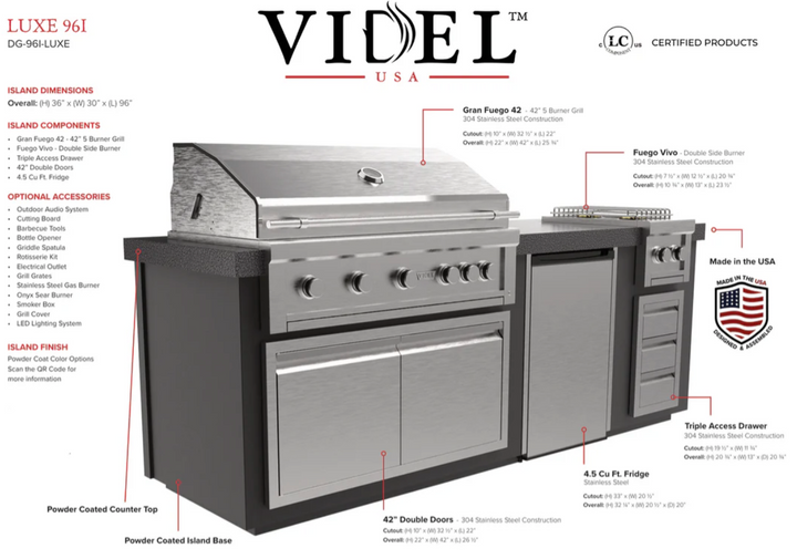 Videl USA Luxe 96" - BBQ Island w/ Side Burner