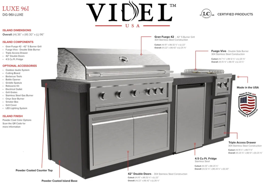 Videl USA Luxe 96" BBQ Island w/ Side Burner: A luxurious outdoor kitchen island featuring a Gran Fuego 42 Grill, dual-burner Fuego Vivo side burner, spacious storage, and a compact refrigerator in a sleek 304 stainless steel design.