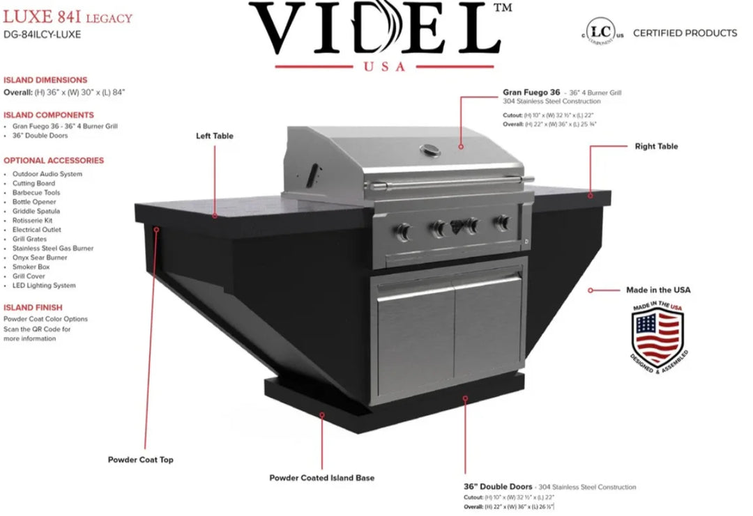 Videl USA Luxe 84" Legacy BBQ Island featuring premium Gran Fuego 36 Grill, sleek double access doors, and integrated LED lighting for nighttime cooking and ambient glow in a striking modern design.