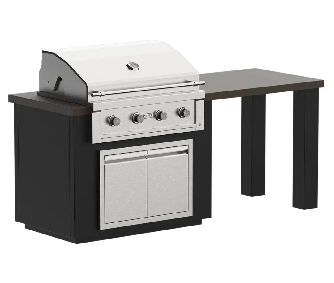 Videl USA Alta 84T BBQ Island w/ Table: A comprehensive outdoor entertaining solution featuring a powerful Gran Fuego 36 Grill, elegant stainless steel storage, and an integrated dining/serving bar.