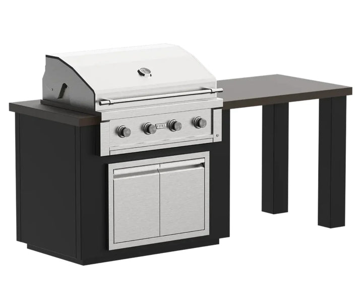 Videl USA Alta 84T BBQ Island w/ Table: A comprehensive outdoor entertaining solution featuring a powerful Gran Fuego 36 Grill, elegant stainless steel storage, and an integrated dining/serving bar.