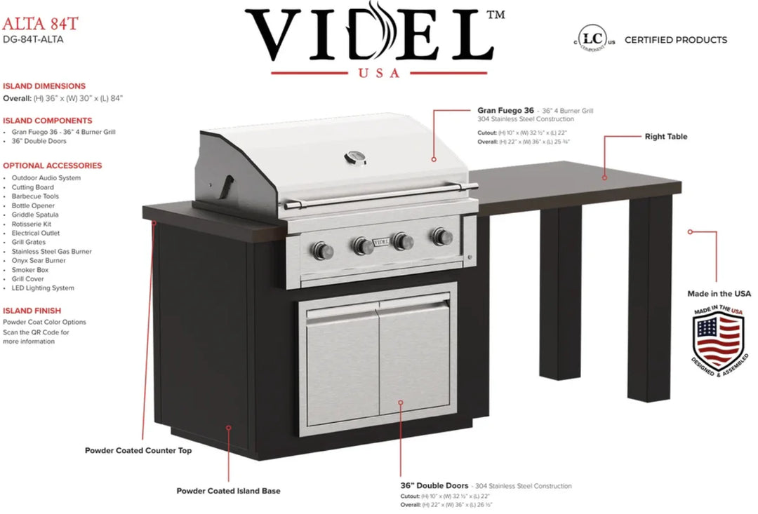 Videl USA Alta 84'' BBQ Island w/ integrated table bar, featuring a powerful Gran Fuego 36 Grill with HeatWave Chamber and CoolTouch Knobs, elegant stainless steel storage, and custom powder coat color options.