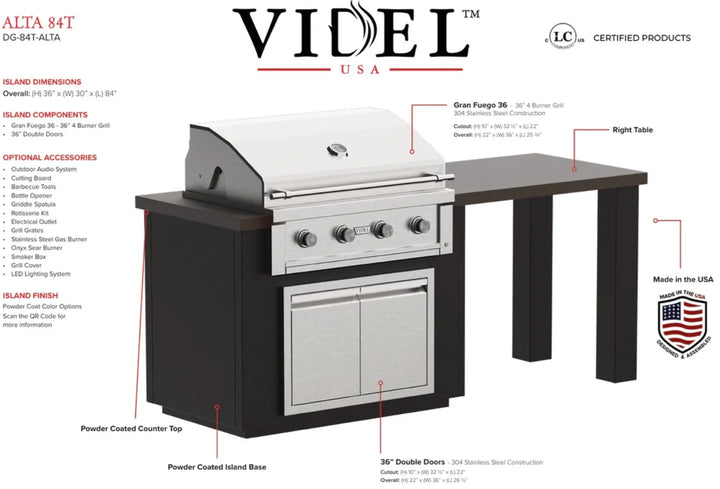 Videl USA Alta 84'' BBQ Island w/ integrated table bar, featuring a powerful Gran Fuego 36 Grill with HeatWave Chamber and CoolTouch Knobs, elegant stainless steel storage, and custom powder coat color options.