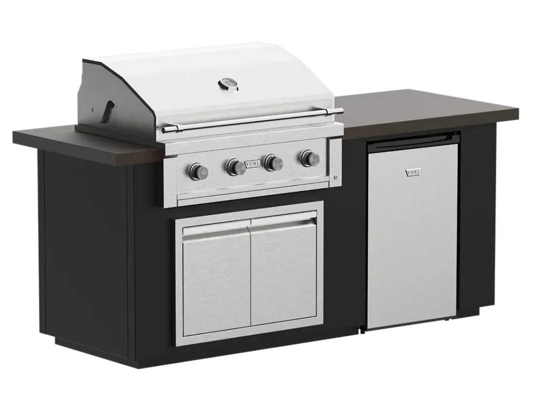 The Videl USA Alta 84"- BBQ Island features a powerful Gran Fuego 36 Grill, spacious double access doors for storage, and a compact 304 stainless steel refrigerator, crafted from premium materials with a powder coat finish option.