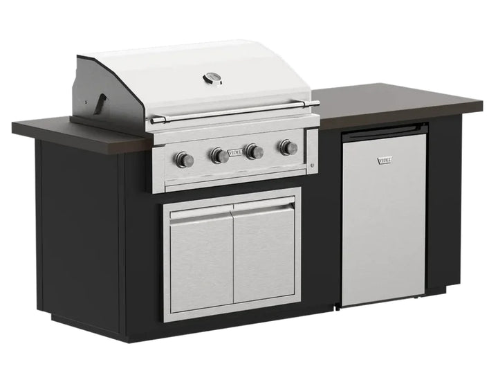 The Videl USA Alta 84"- BBQ Island features a powerful Gran Fuego 36 Grill, spacious double access doors for storage, and a compact 304 stainless steel refrigerator, crafted from premium materials with a powder coat finish option.