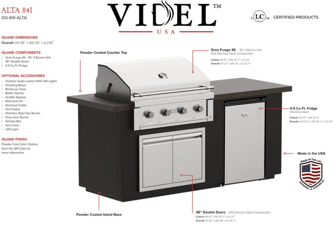 Videl USA Alta 84" BBQ Island features Gran Fuego 36 Grill, stainless steel doors, compact refrigerator, and powder-coated finish options in a sleek rectangular design.