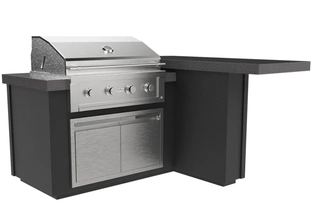 Videl USA Alta 72" L-Shape BBQ Island features an L-shaped design with Gran Fuego 36 Grill, 36″ Double Access Doors, and powder-coated finish options in various colors.