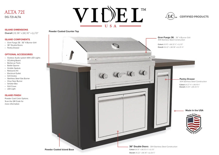 Videl USA Alta 72'' BBQ Island with Gran Fuego 36 Grill, stainless steel doors, powder-coated finish options in a spacious outdoor grilling and storage design.