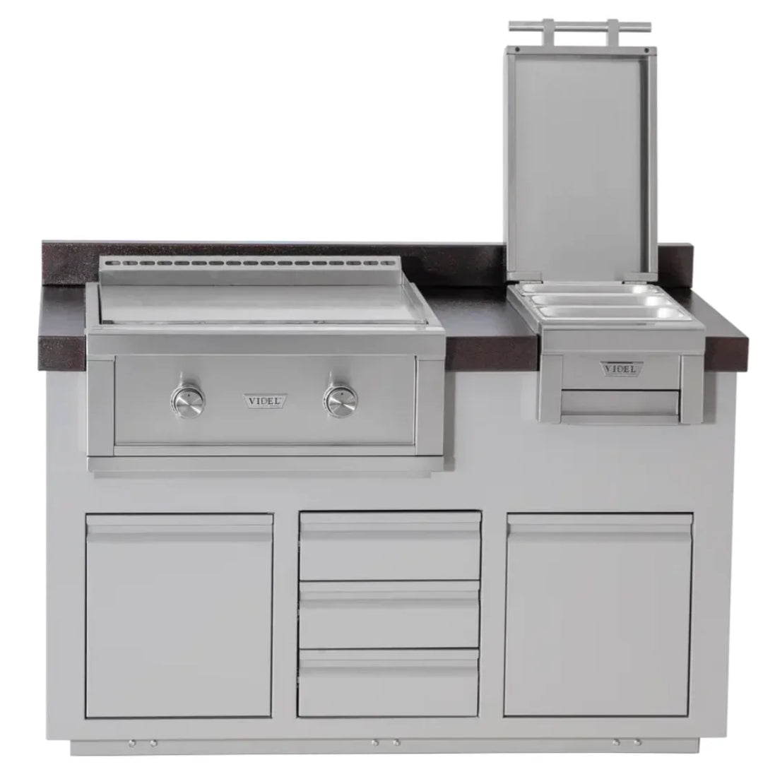Videl USA Alta 60I B BBQ Island featuring Gran Plancha 30" Griddle, Fuego III Food Warmer, dual storage doors, and triple access drawer in premium stainless steel construction.