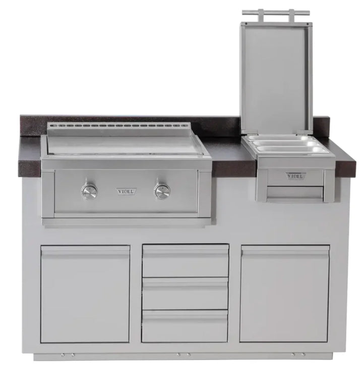 Videl USA Alta 60I B BBQ Island featuring Gran Plancha 30" Griddle, Fuego III Food Warmer, dual storage doors, and triple access drawer in premium stainless steel construction.