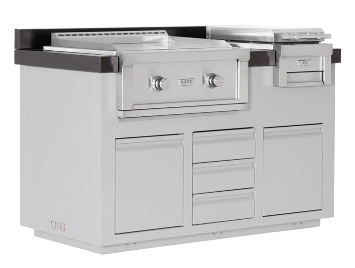 Videl USA Alta 60I B BBQ Island featuring a 30" Gran Plancha Griddle, Fuego III Food Warmer, dual storage doors, and triple access drawer in premium stainless steel with powder-coated finish options.
