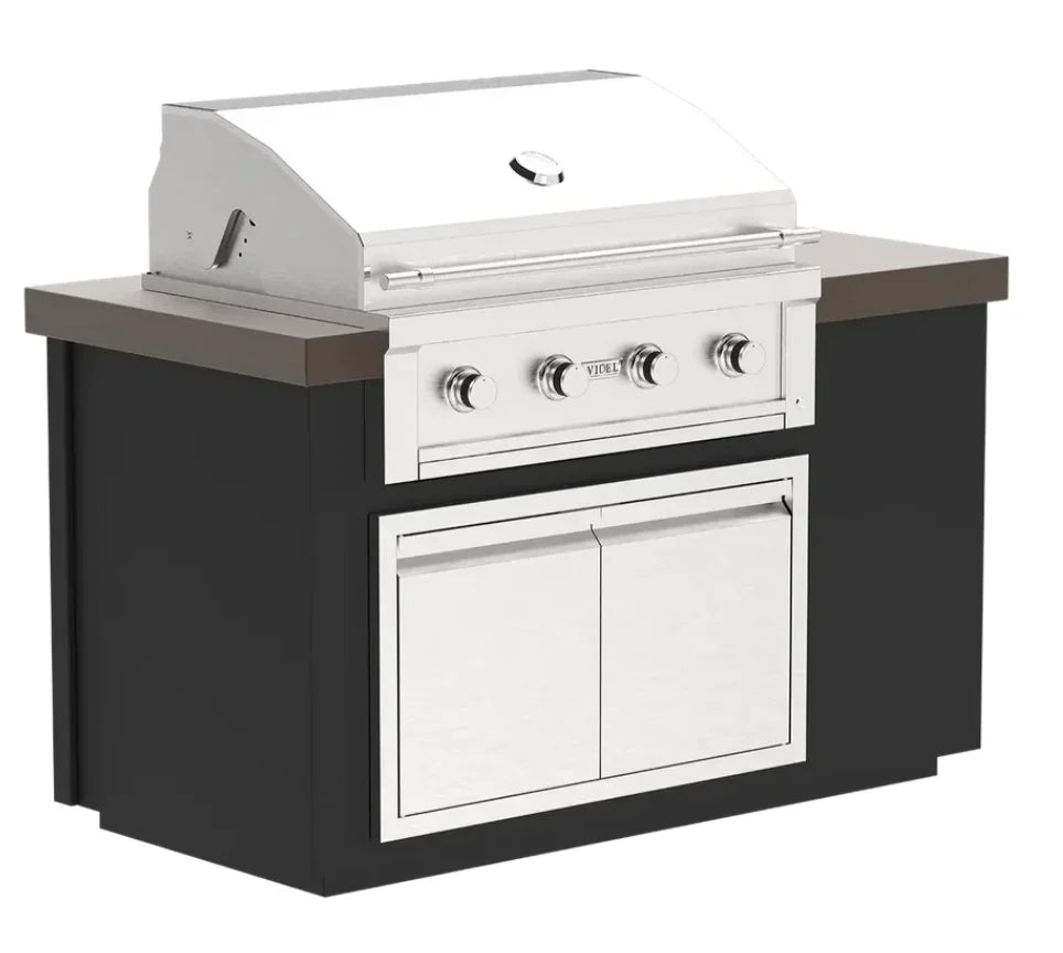 The Videl USA Alta 60" BBQ Island features a sleek design, powerful 36″ grill with HeatWave Chamber and CoolTouch Knobs, and spacious 36″ Double Access Doors for convenient storage in a compact, powder-coated finish available in multiple colors.
