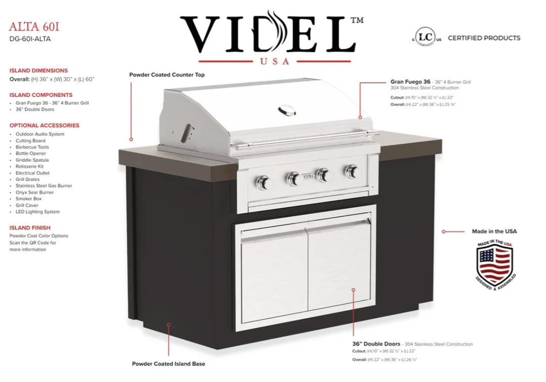 Videl USA Alta 60" BBQ Island featuring a sleek 36" Double Access Doors storage solution for small patios, paired with a powerful 36" HeatWave Chamber-equipped grill and CoolTouch knobs.